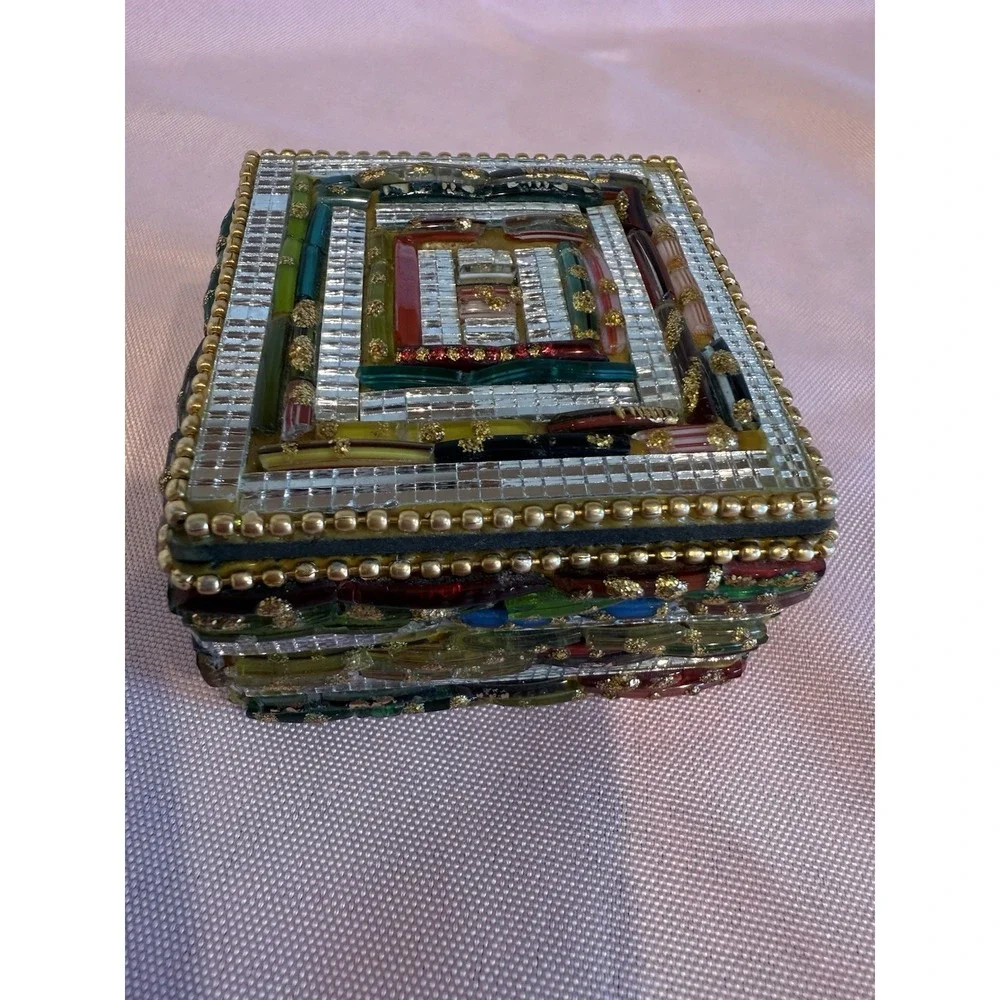 Stone Beaded Mirrored Trinket Box with Lid Vintage Made in India